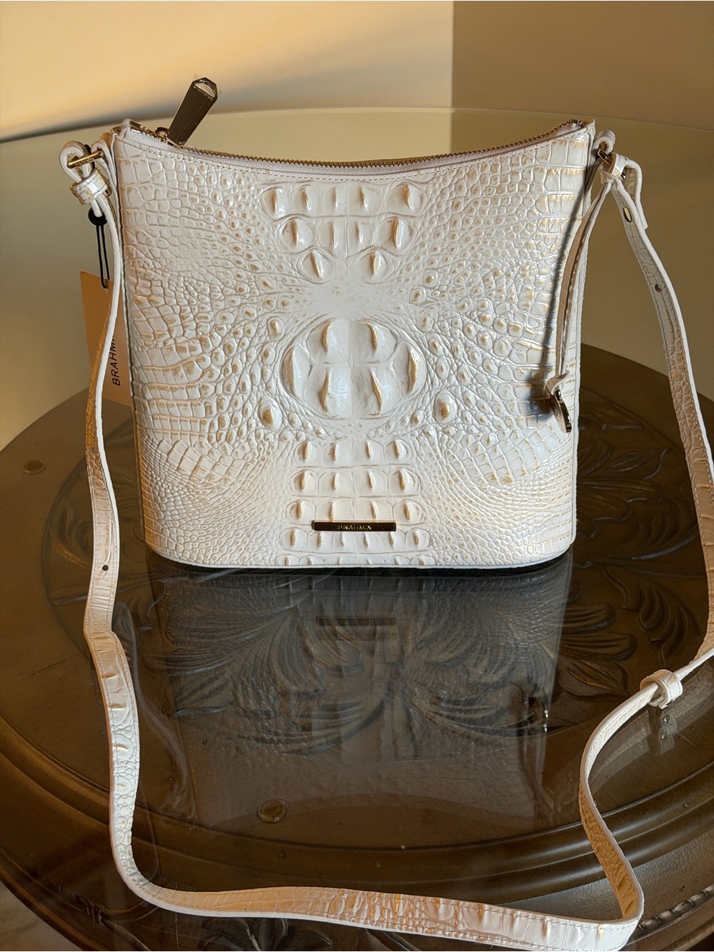 Brahmin Cream Croco-Embossed Leather Crossbody Bag